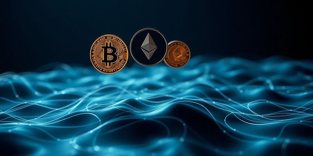 Digital coins soaring over a dynamic, wavy landscape.