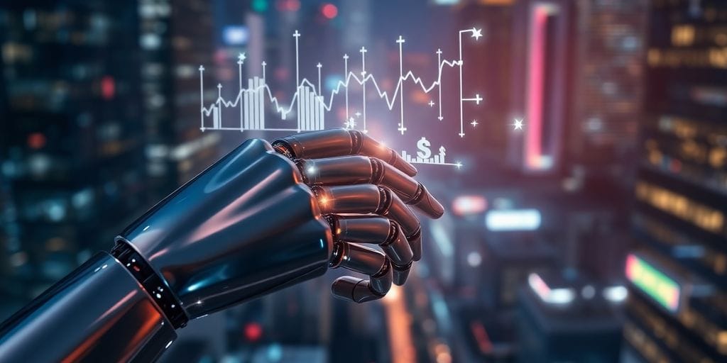 Robot trader analyzing crypto market, futuristic setting.