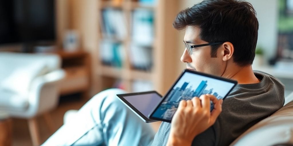 A person looking at a tablet with a city skyline.