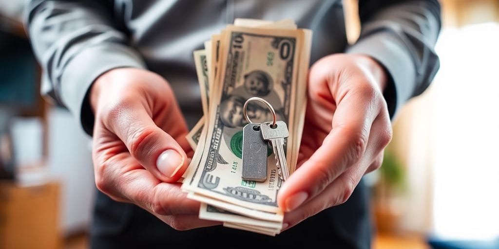 Confused person holding money, apartment key.