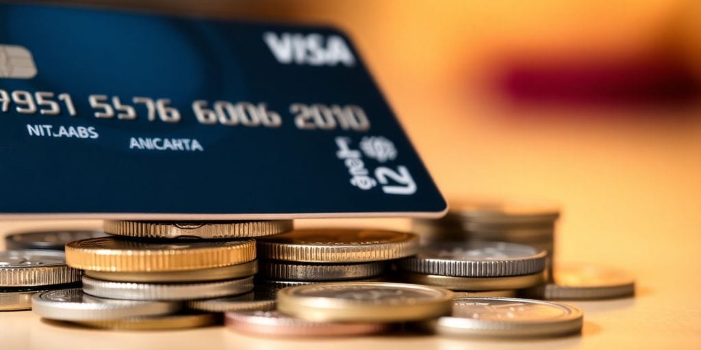 Credit card on crypto coin stack.