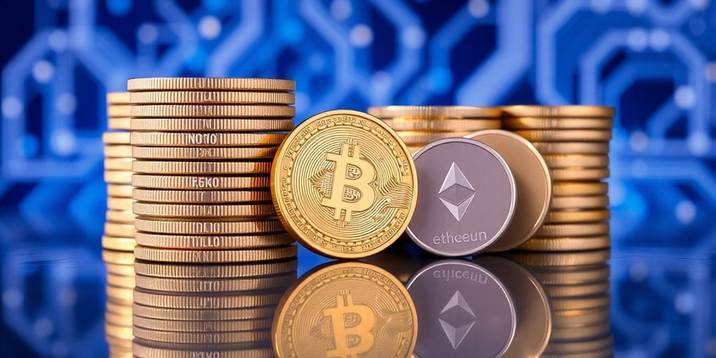 Stacked Bitcoin and Ethereum coins on reflective surface with circuitry