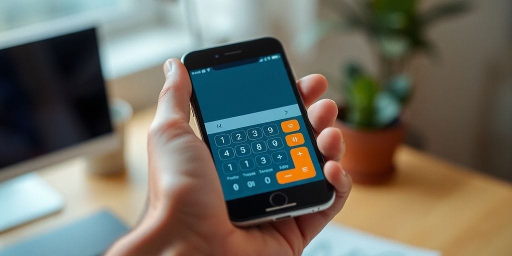 Man's hand holding phone with crypto calculator.