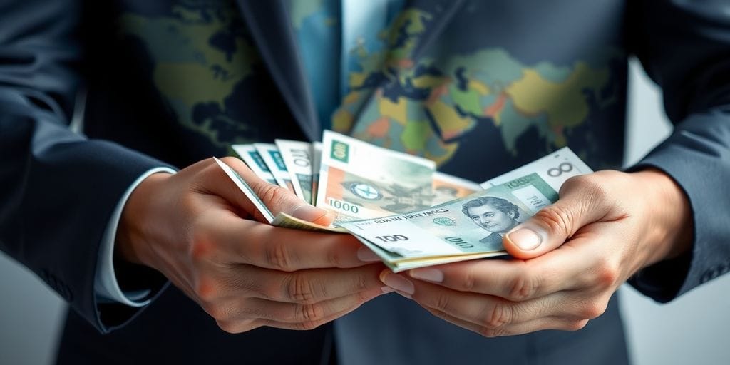 Hands exchanging international currency, world map background.
