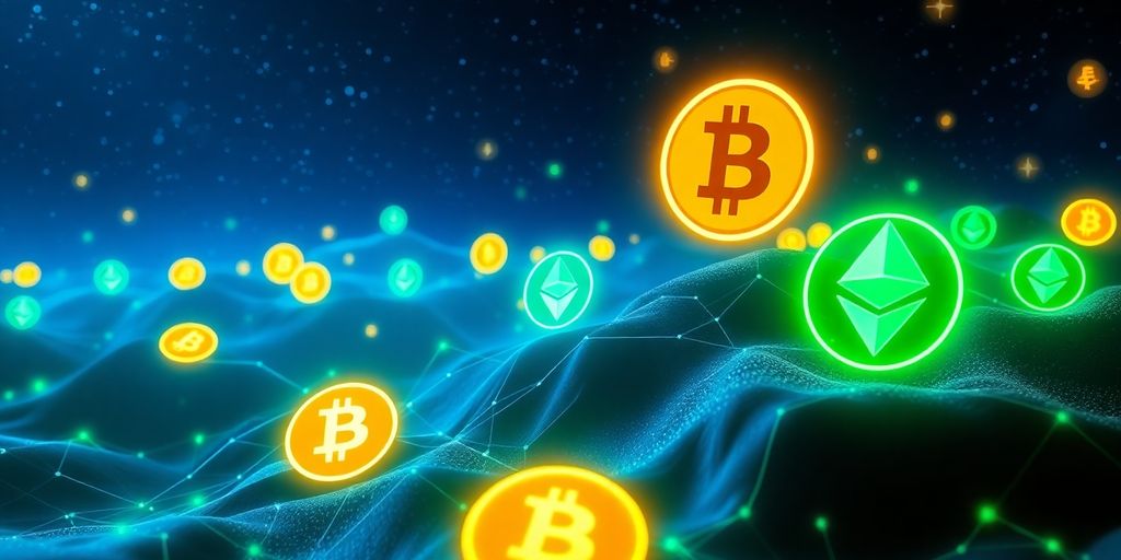 Cryptocurrency symbols floating in a vibrant digital landscape.