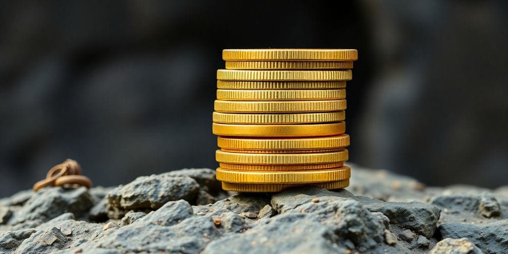 Wobbly coin stack on rocky surface.