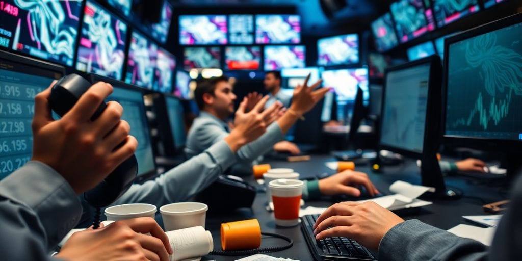 Bustling trading floor with scattered papers and glowing screens.