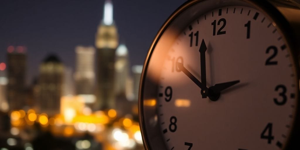 Clock with illuminated city background.