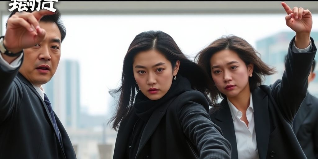 Actors in dramatic poses against a blurred city backdrop.