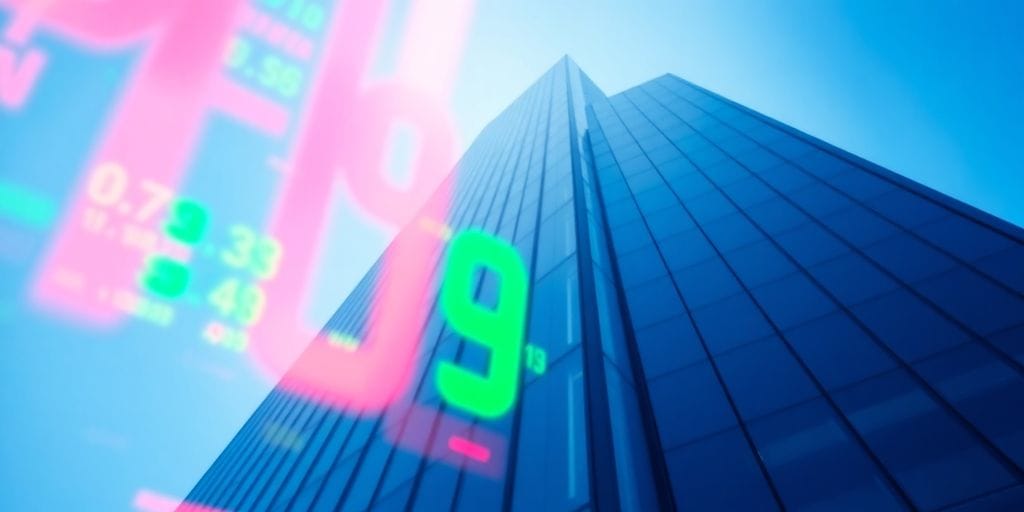 Financial building, digital stock numbers overlay