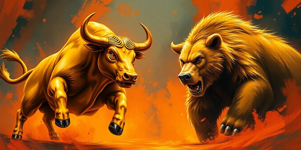 Golden bull and bear statues facing off.