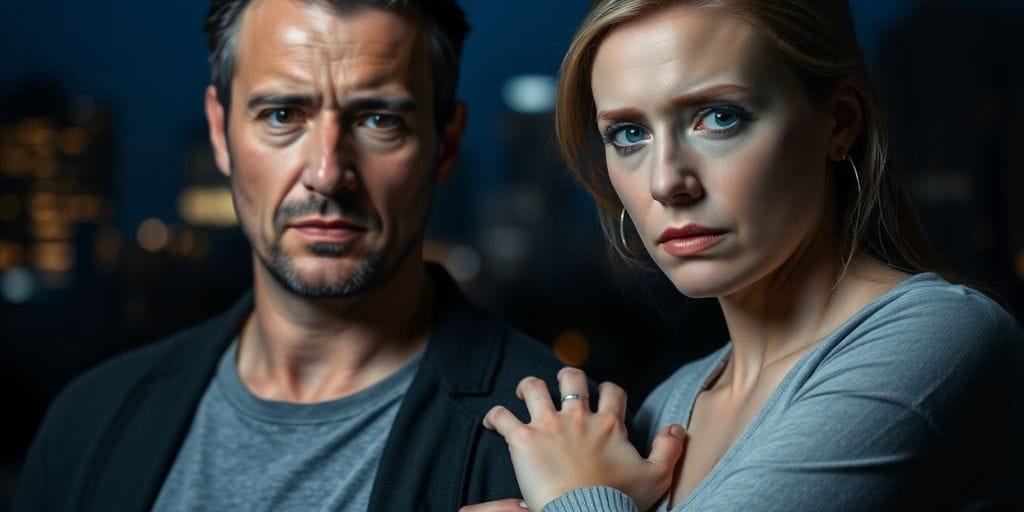 Dramatic scene, worried faces, city lights