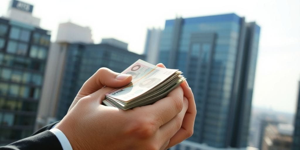 Broker counting money, city backdrop.