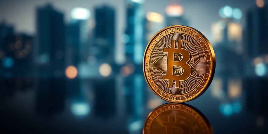 Gleaming gold circuit-patterned coin on reflective surface with city glow