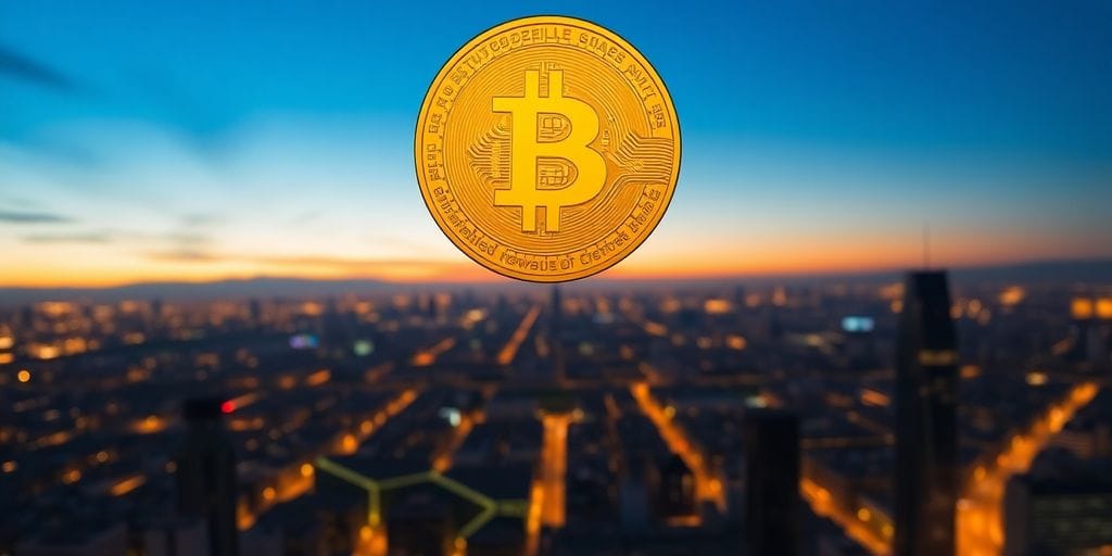 Glowing gold bitcoin coin floating above futuristic cityscape.