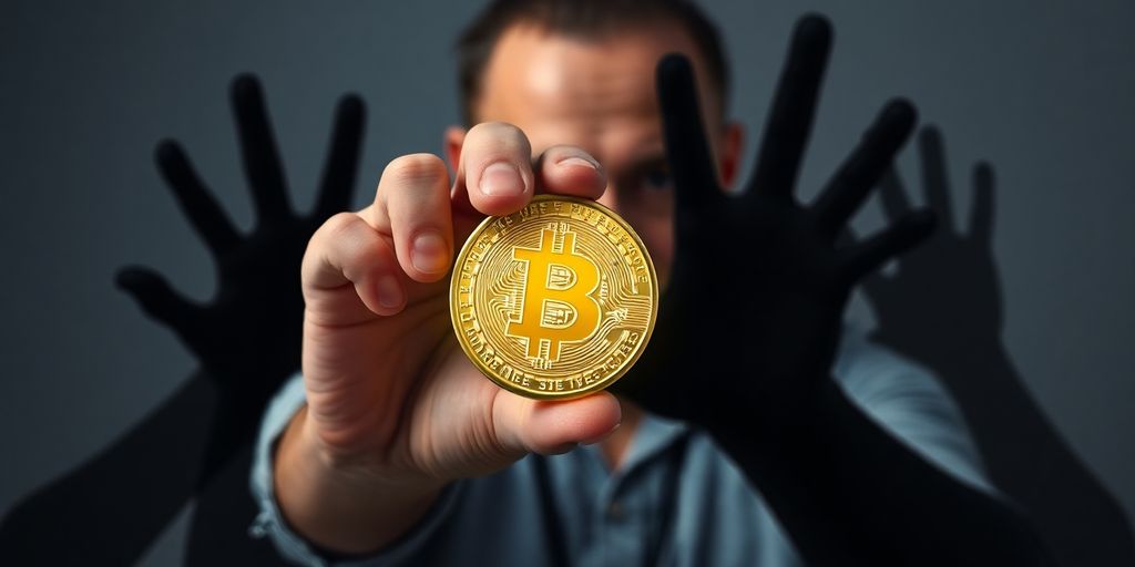 Person shielding digital currency from shadowy figures.