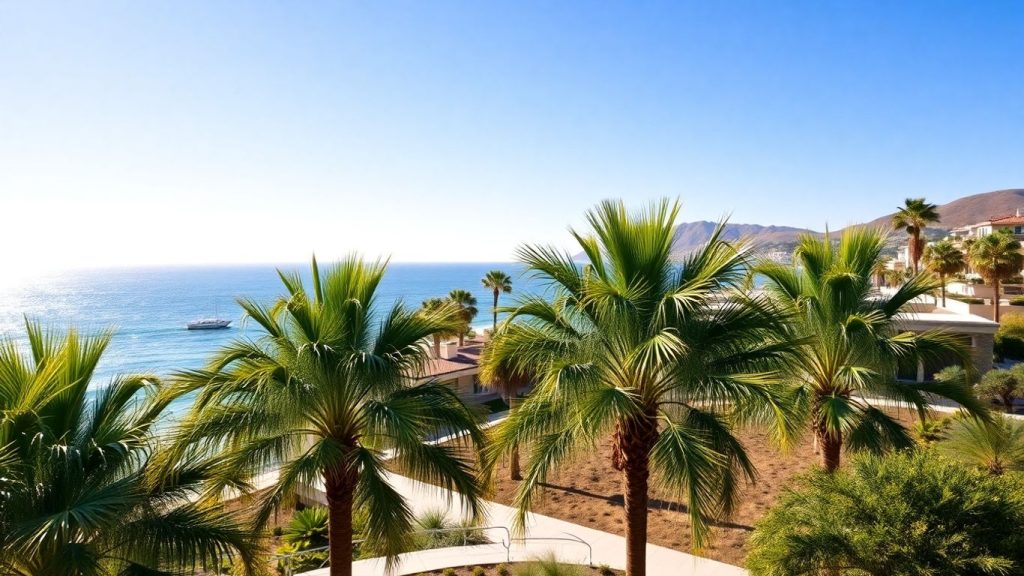 California coast with house and palm trees.