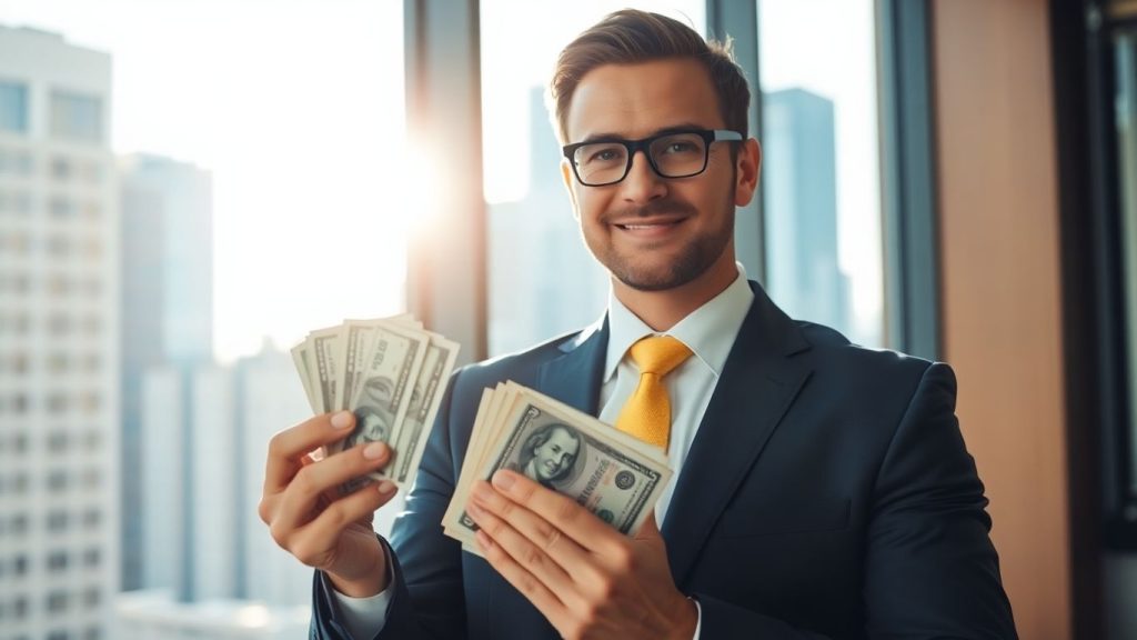 Stockbroker with money, city background.