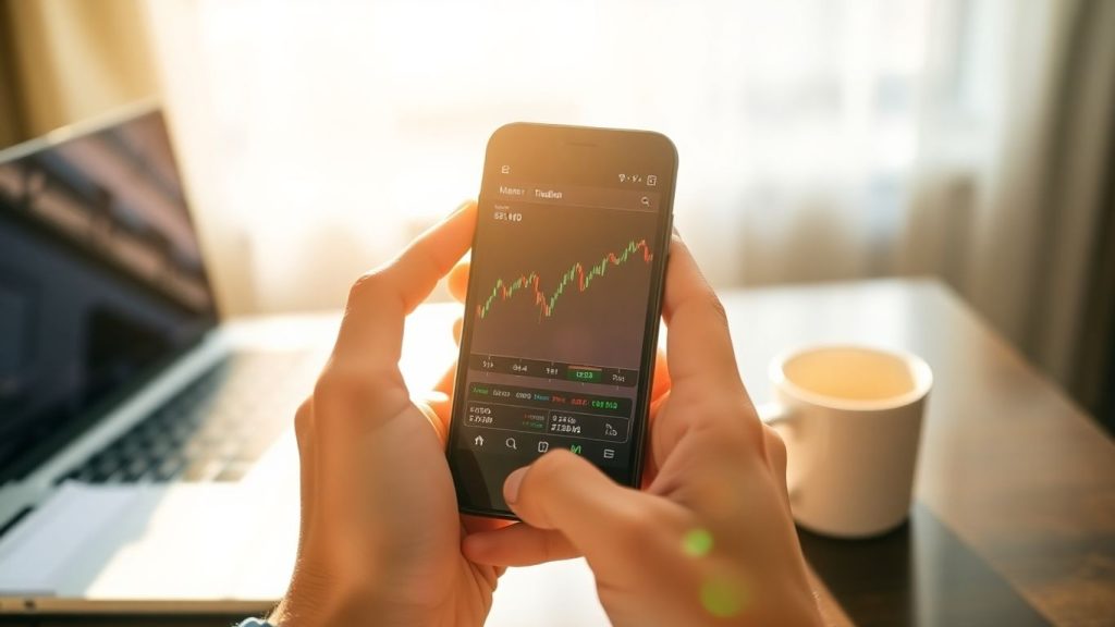 Beginner day trader looking at stock market on phone.