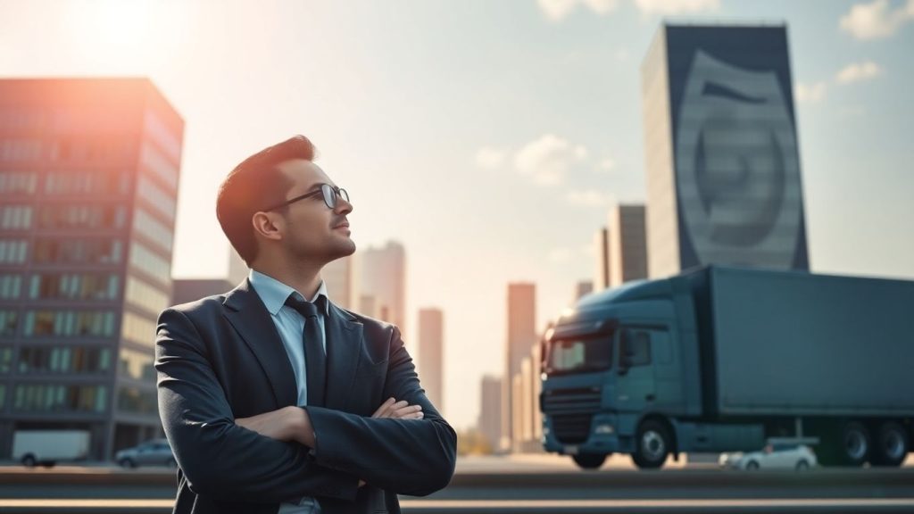 Man looking at city with truck silhouette.