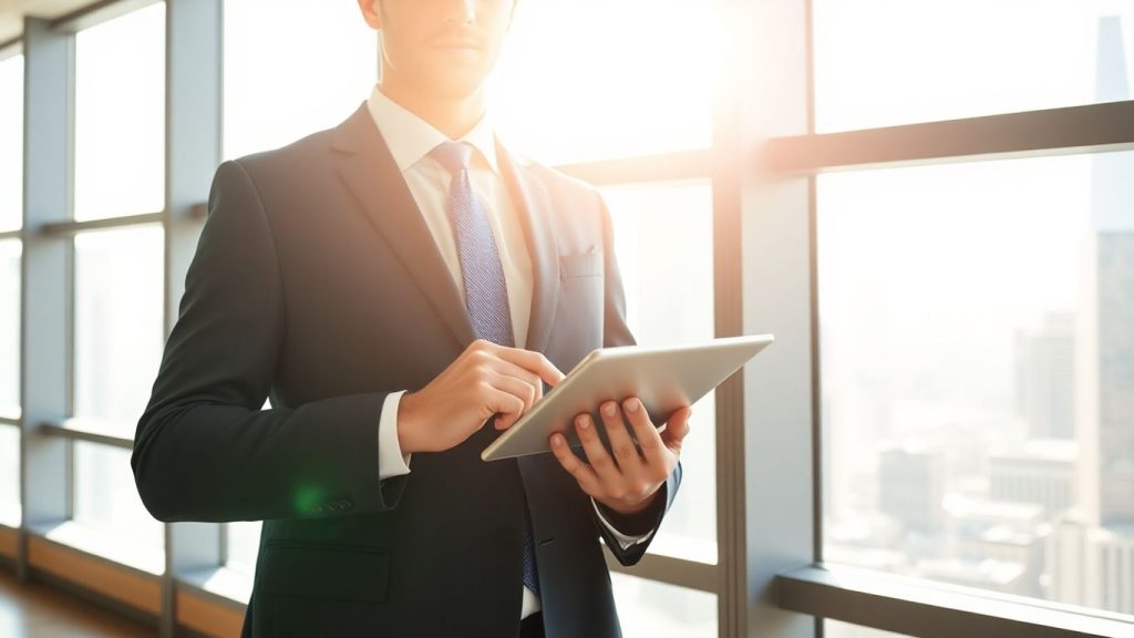 Stock broker with financial data and city view.