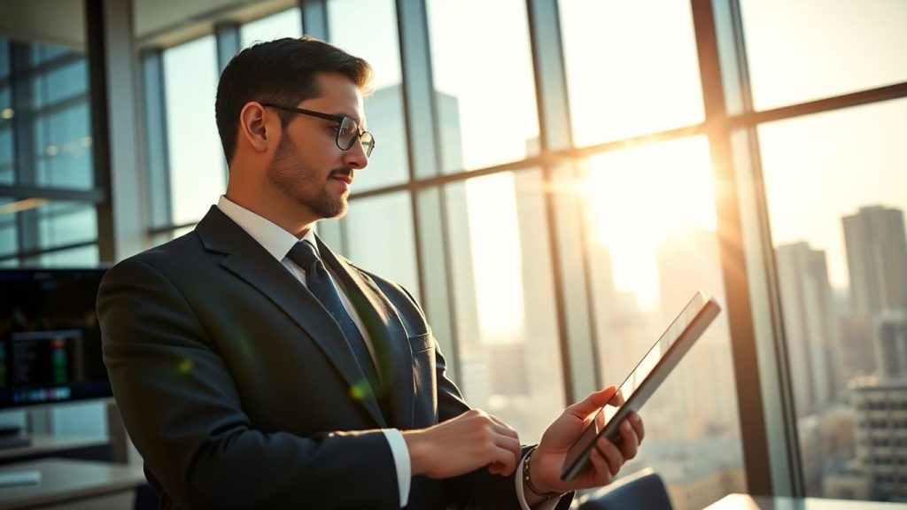 Stockbroker in office with cityscape view.