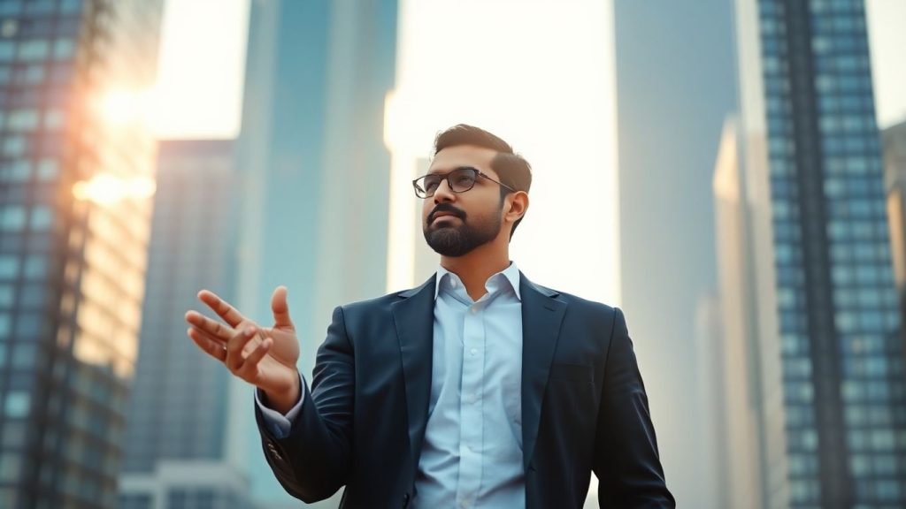 Indian businessman in suit with city background