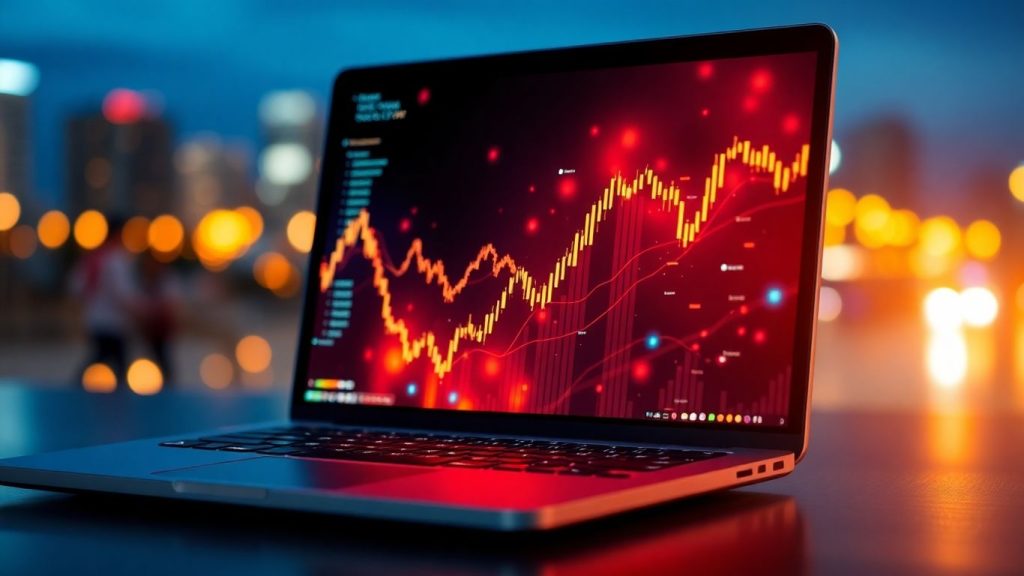 Online trading platforms with glowing financial data streams.