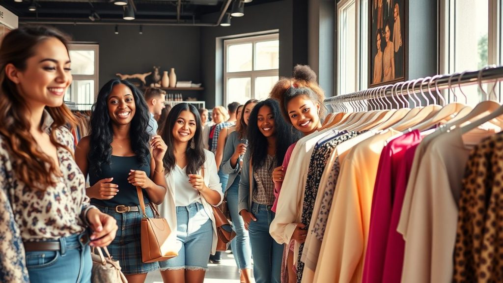 People exploring stylish clothing racks in a boutique.