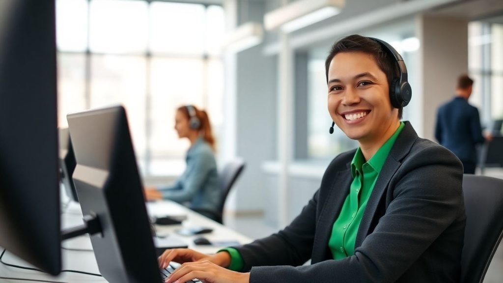 Etrade customer service agent assisting clients at desk.