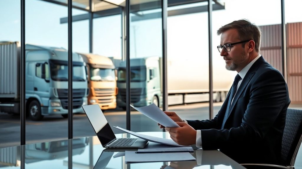 Freight broker working with trucks and shipping containers