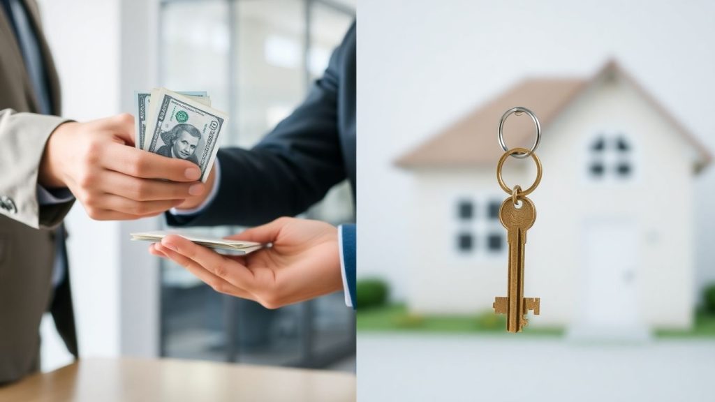 Real estate broker fee payment and house key.