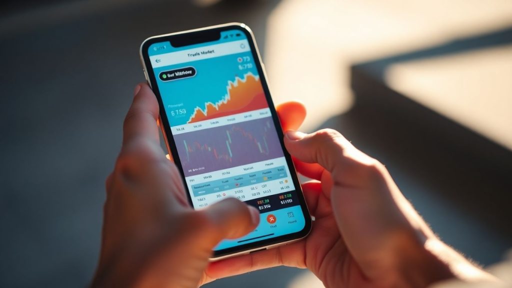 Hands holding smartphone with trading interface