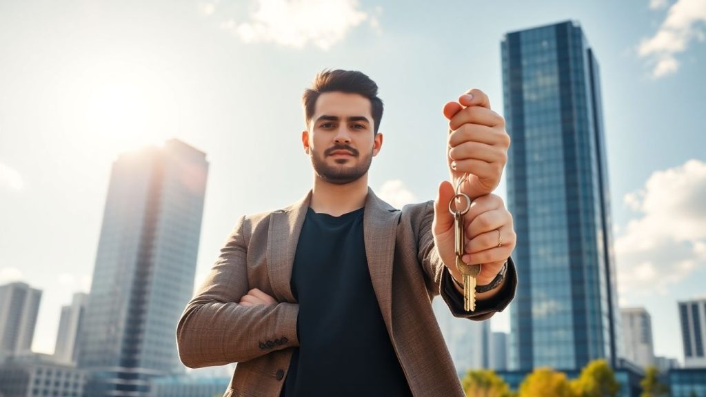 Real estate broker with keys and city background.