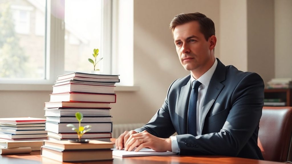 Man at desk, focused on growth and discipline.