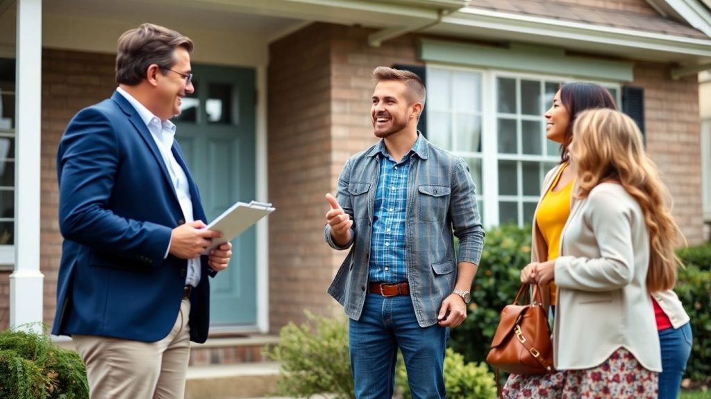 Two real estate professionals with homebuyers outside a house