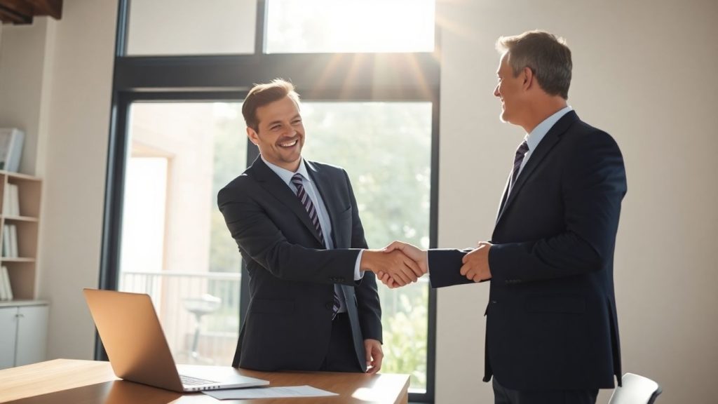 Mortgage broker shaking hands with client in office.