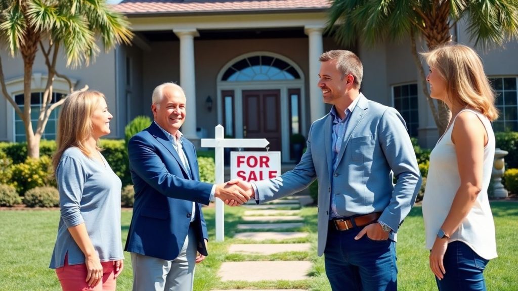Real estate broker with clients outside upscale suburban home