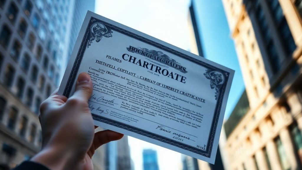 Fidelity stock certificate with financial district background.