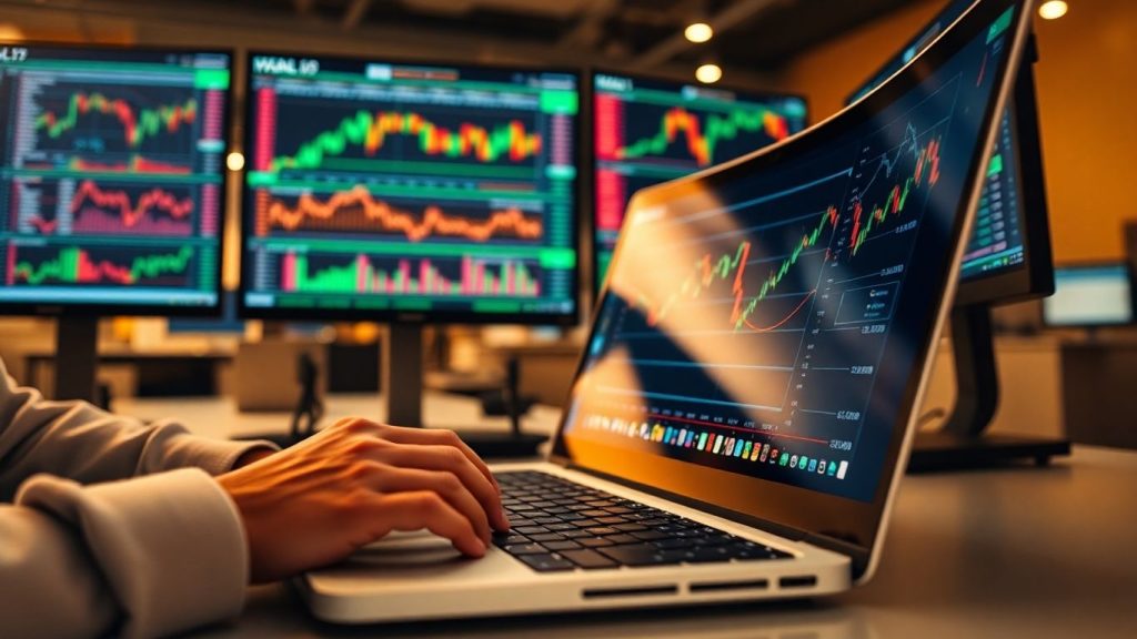Trader analyzing charts on laptop in office setting.