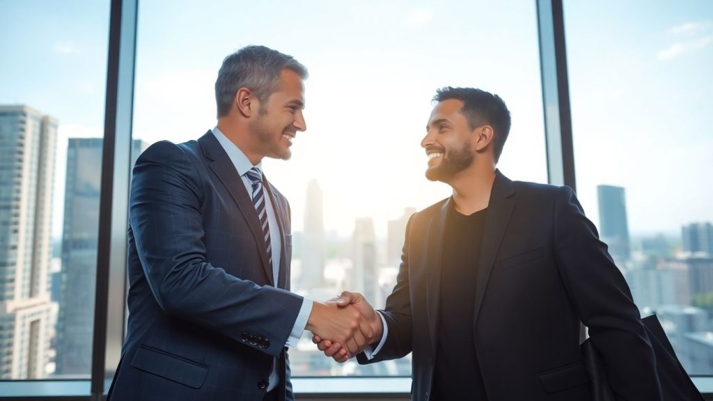 Business broker and owner shaking hands, cityscape background.