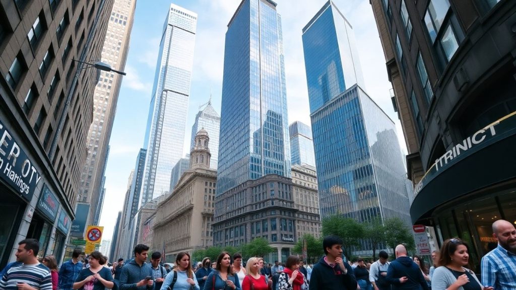 New York City skyline and street life.
