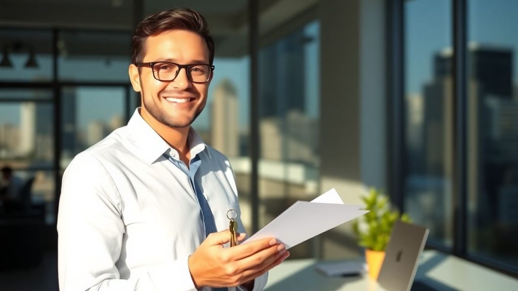 Mortgage broker with keys and document.