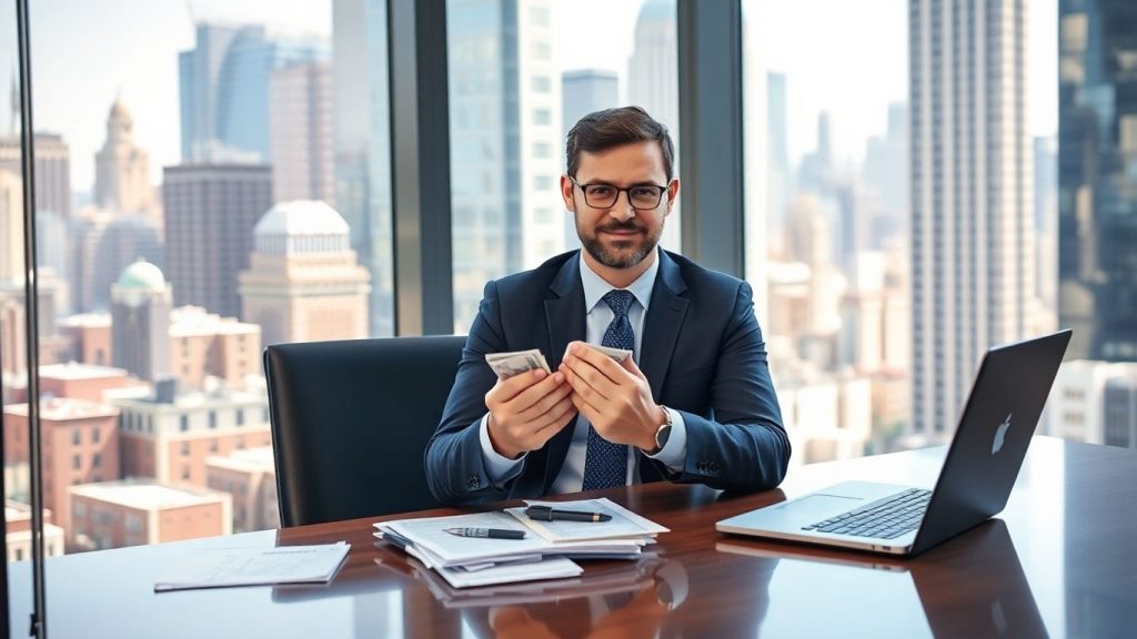 Mortgage broker counting money at office desk