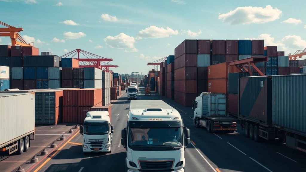Freight trucks and containers in a busy logistics yard.