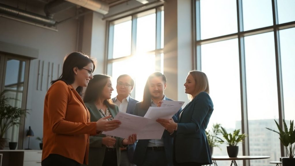 People reviewing financial documents in an office.