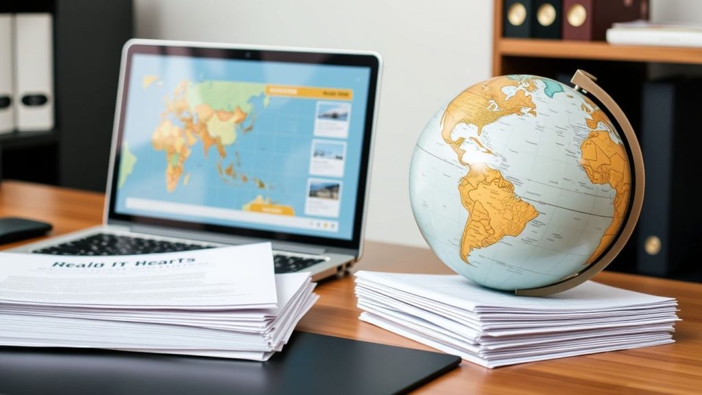 Desk with laptop, documents, and globe for freight broker license.