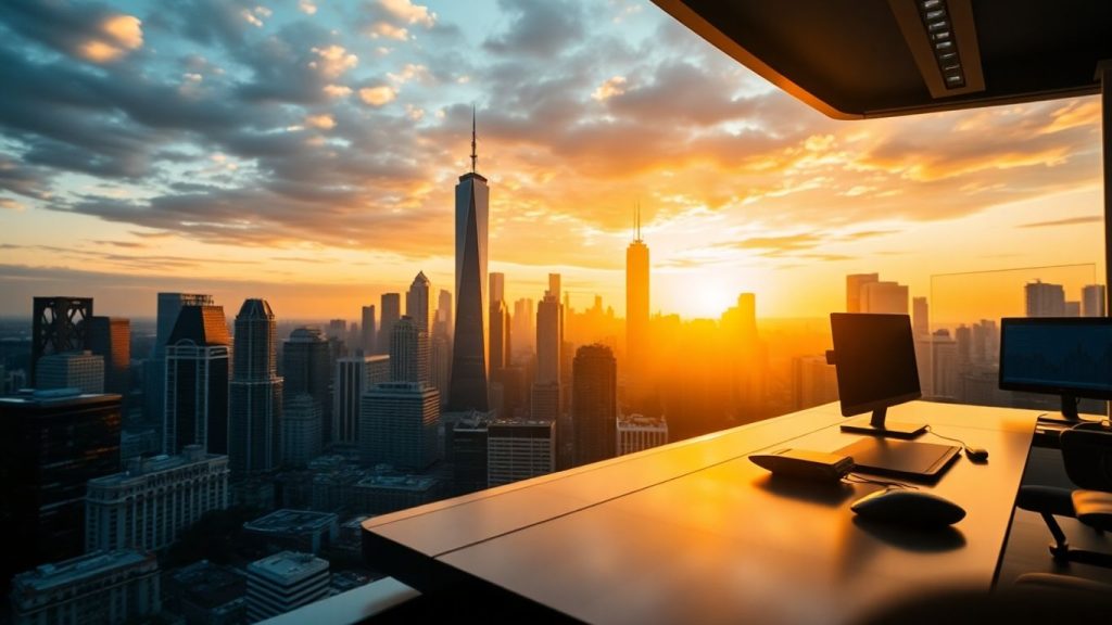 Forex trading success with cityscape and modern desk.