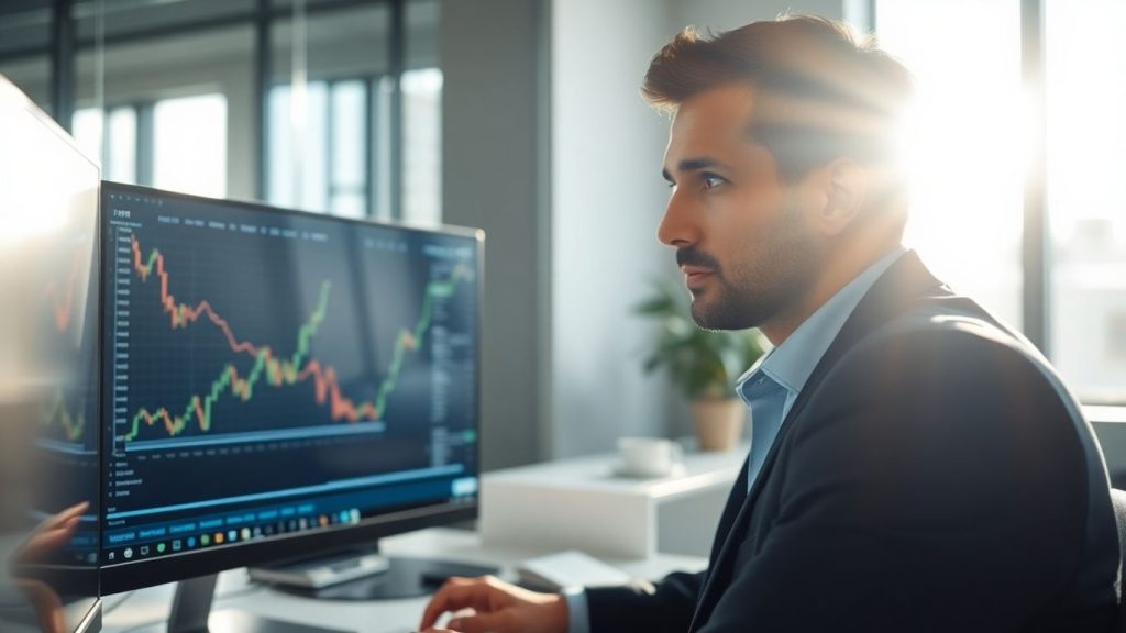 Trader at desk with financial data on screen.