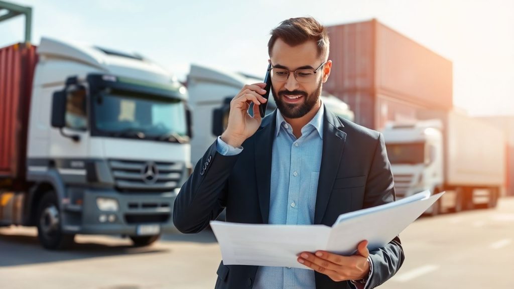 Businessperson with trucks and shipping containers outdoors
